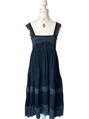 Y2K “Hazel” Navy Blue Lace and Ruffle Trim Babydoll Style Tiered Dress